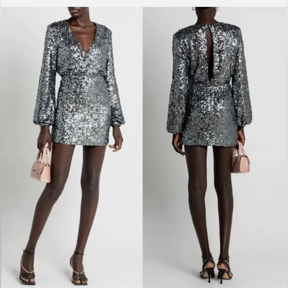 OPT Retail $189 Rumi Gunmetal Silver Sequin Bodycon Mini Dress Long Sleeve SizeM